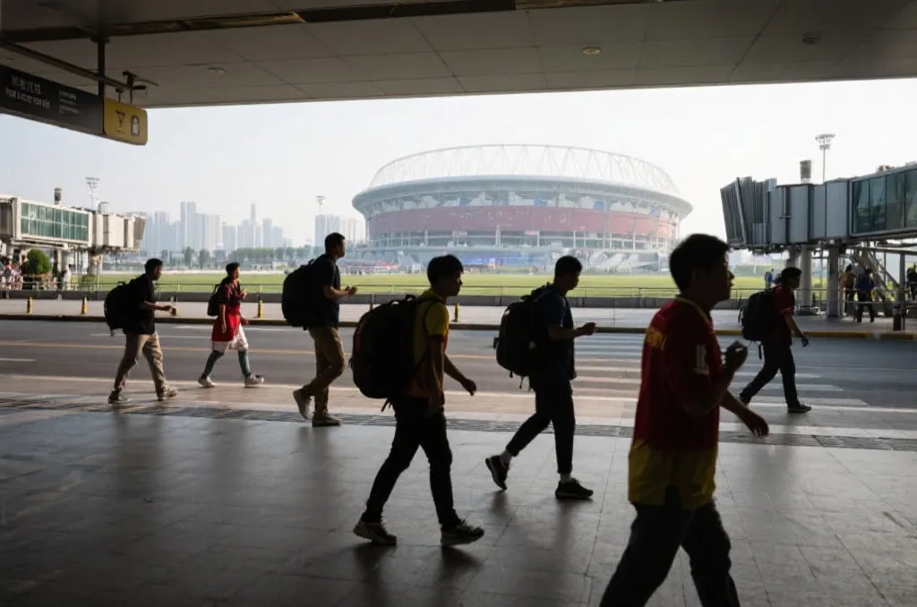 球迷在城市街头准备前往球场的旅行氛围